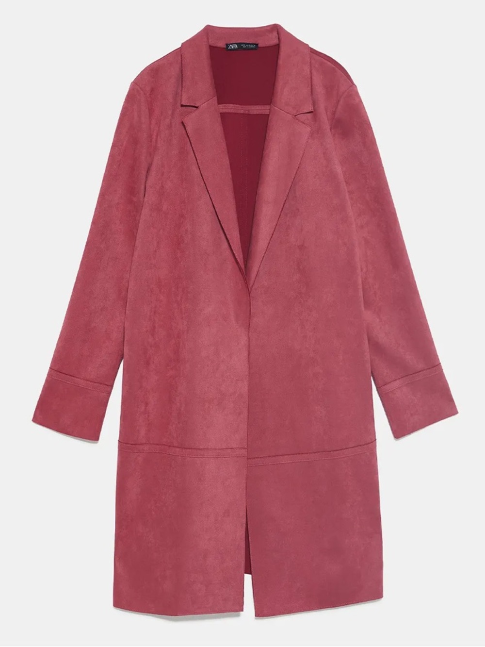 Zara Suede Look Longline Open-Front Duster Coat in Dusty Pink Size M